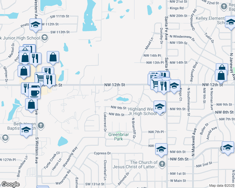 map of restaurants, bars, coffee shops, grocery stores, and more near 1300 Grace Pointe Drive in Moore