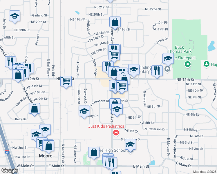 map of restaurants, bars, coffee shops, grocery stores, and more near 714 Northeast 11th Street in Moore