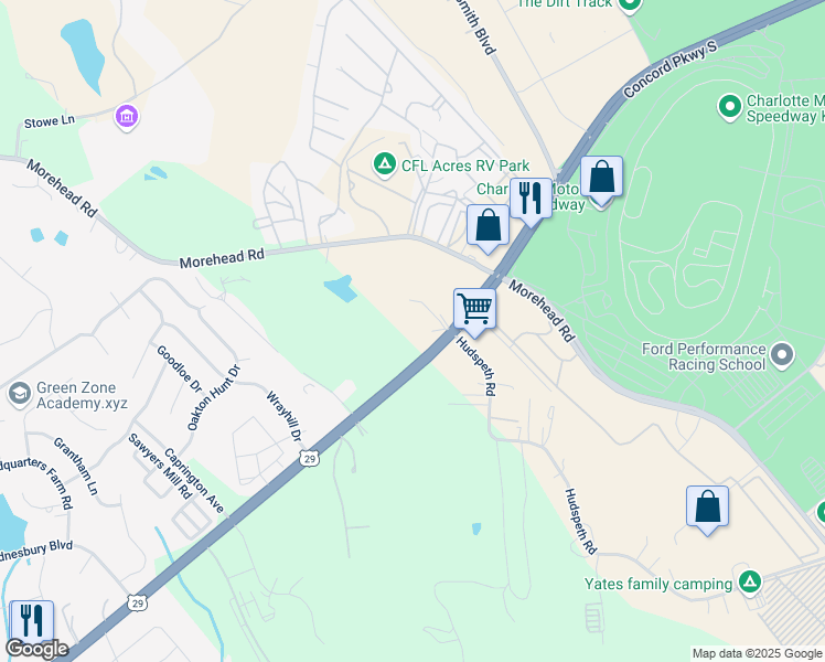 map of restaurants, bars, coffee shops, grocery stores, and more near 5960 Concord Parkway South in Concord