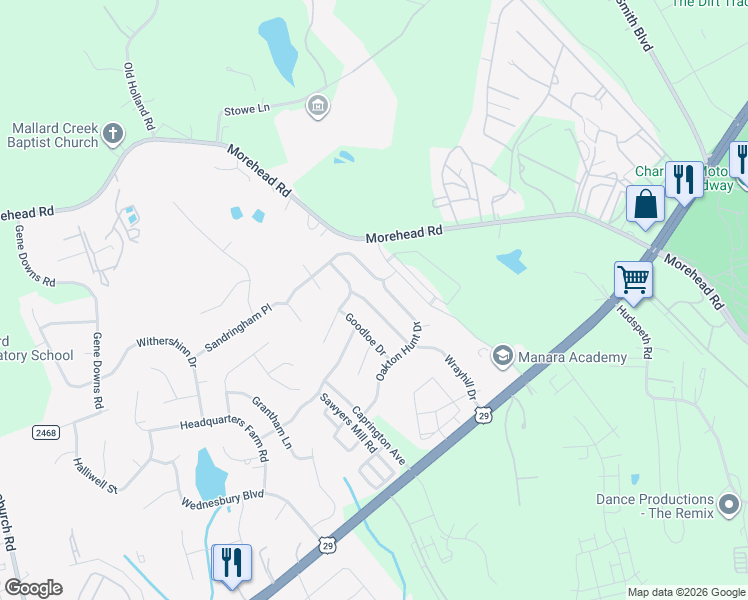 map of restaurants, bars, coffee shops, grocery stores, and more near 609 Wrayhill Drive in Charlotte