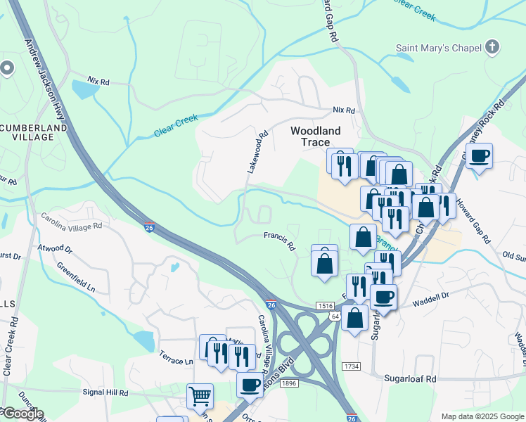 map of restaurants, bars, coffee shops, grocery stores, and more near 244 Ethan Way in Hendersonville