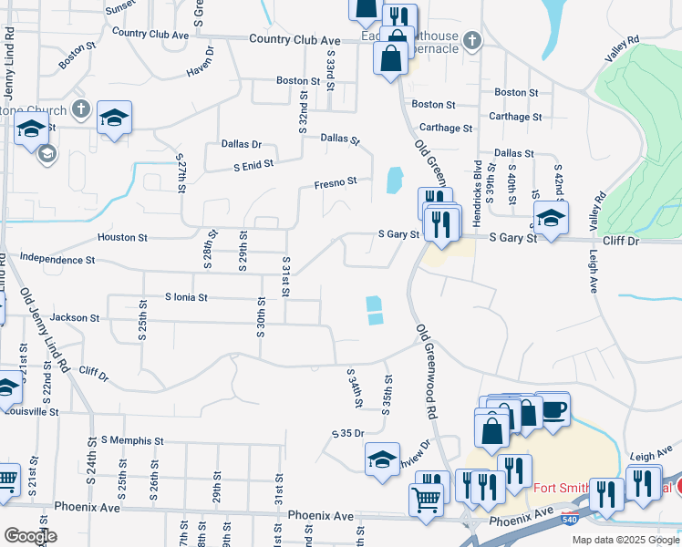 map of restaurants, bars, coffee shops, grocery stores, and more near 3709 South 32nd Street in Fort Smith