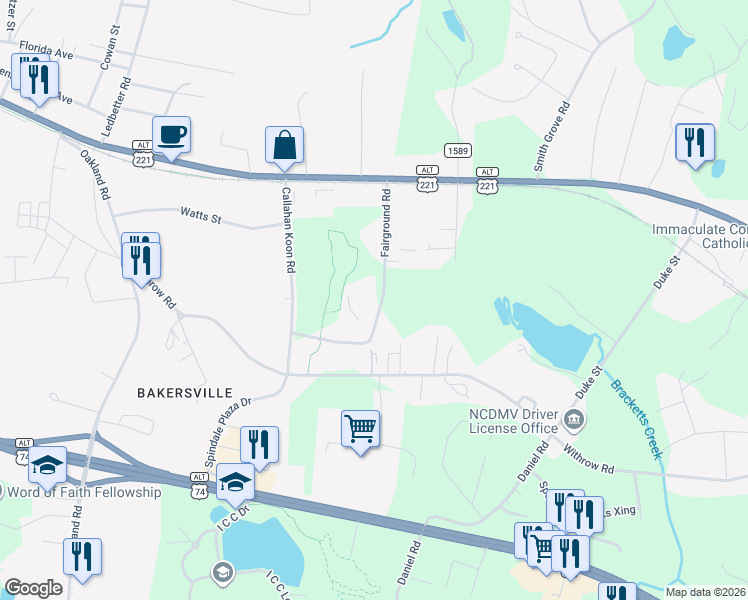 map of restaurants, bars, coffee shops, grocery stores, and more near 270 Fairground Road in Spindale