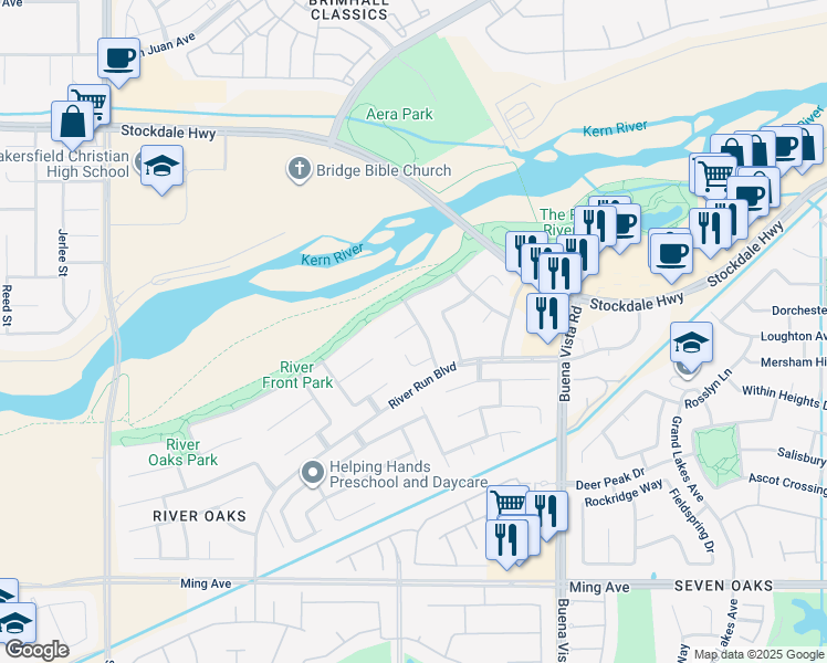 map of restaurants, bars, coffee shops, grocery stores, and more near 803 Mountain Park Drive in Bakersfield