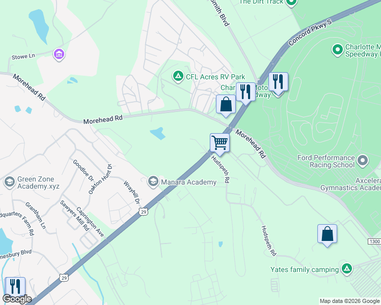 map of restaurants, bars, coffee shops, grocery stores, and more near 5960 Concord Parkway South in Concord