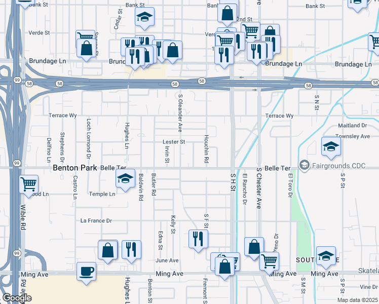 map of restaurants, bars, coffee shops, grocery stores, and more near 815 Caylor Street in Bakersfield