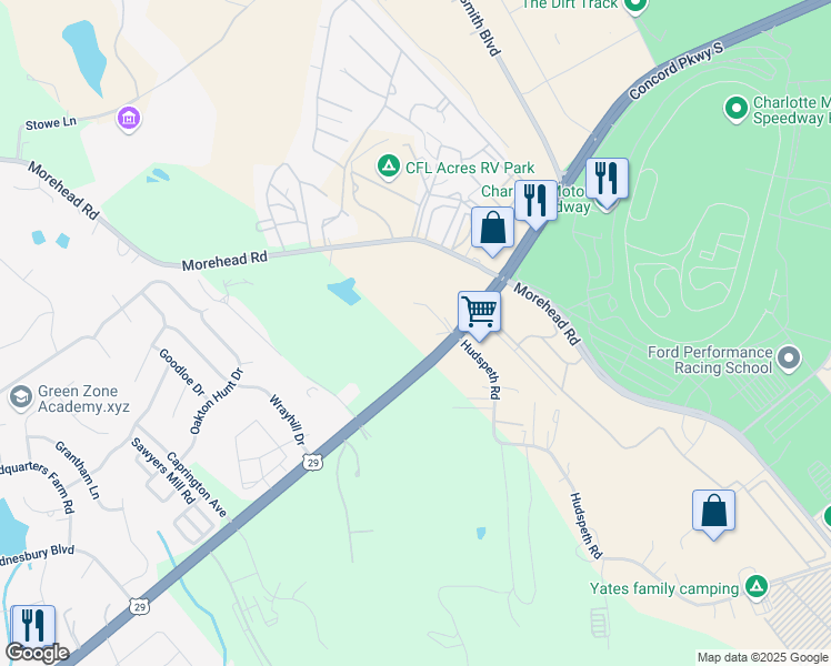 map of restaurants, bars, coffee shops, grocery stores, and more near 5960 Concord Parkway South in Concord