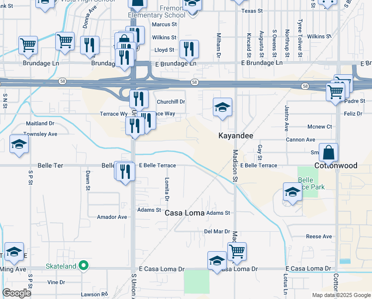 map of restaurants, bars, coffee shops, grocery stores, and more near 341 Daniels Lane in Bakersfield
