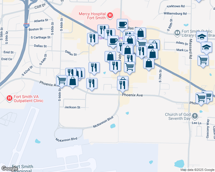 map of restaurants, bars, coffee shops, grocery stores, and more near 3500 South 74th Street in Fort Smith