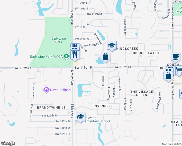 map of restaurants, bars, coffee shops, grocery stores, and more near 2613 Southwest 121st Court in Oklahoma City