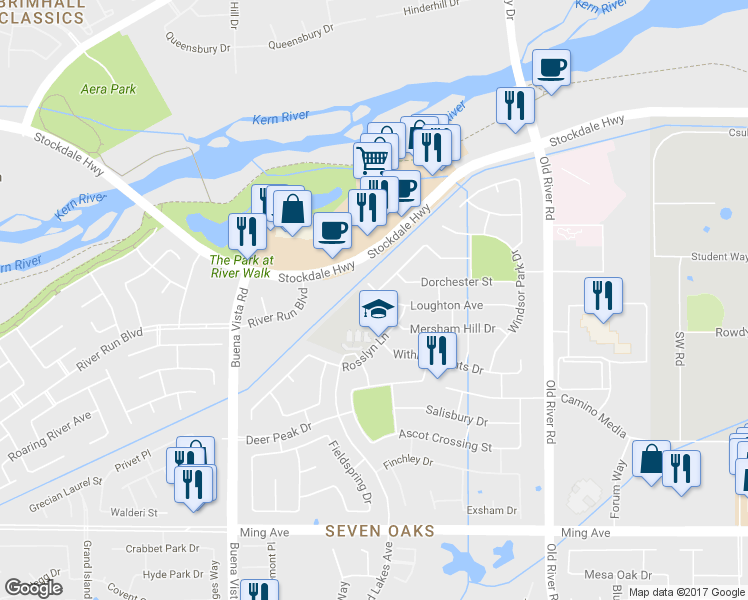 map of restaurants, bars, coffee shops, grocery stores, and more near 10717 Loughton Avenue in Bakersfield