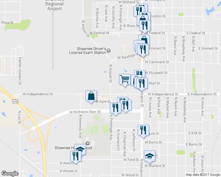 map of restaurants, bars, coffee shops, grocery stores, and more near 1542 North Pottenger Avenue in Shawnee
