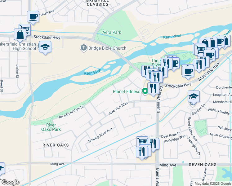 map of restaurants, bars, coffee shops, grocery stores, and more near 803 Mountain Park Drive in Bakersfield