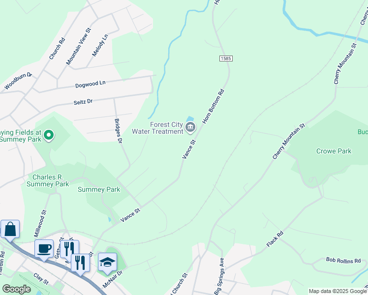 map of restaurants, bars, coffee shops, grocery stores, and more near 581 Vance Street in Forest City