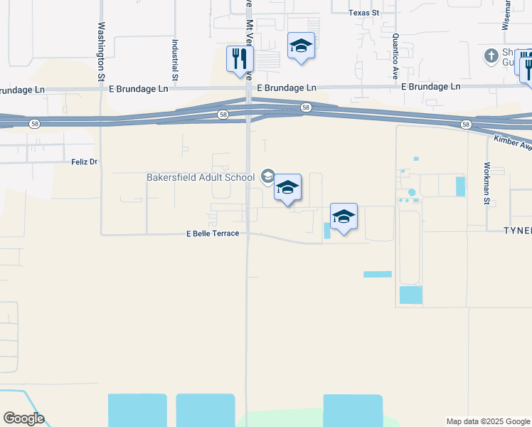 map of restaurants, bars, coffee shops, grocery stores, and more near 501 South Mount Vernon Avenue in Bakersfield