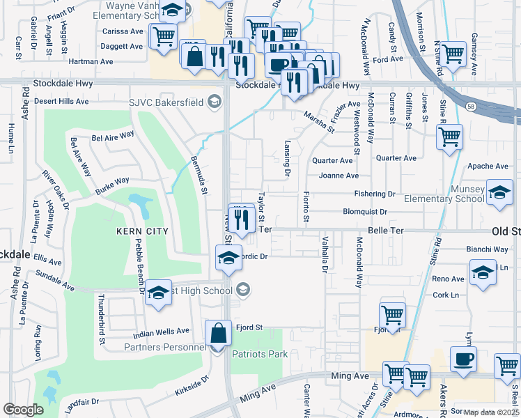 map of restaurants, bars, coffee shops, grocery stores, and more near in Bakersfield