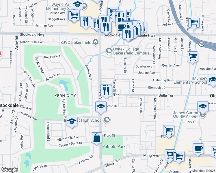 map of restaurants, bars, coffee shops, grocery stores, and more near in Bakersfield