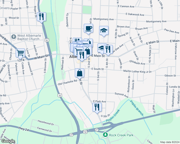 map of restaurants, bars, coffee shops, grocery stores, and more near 325 South 2nd Street in Albemarle