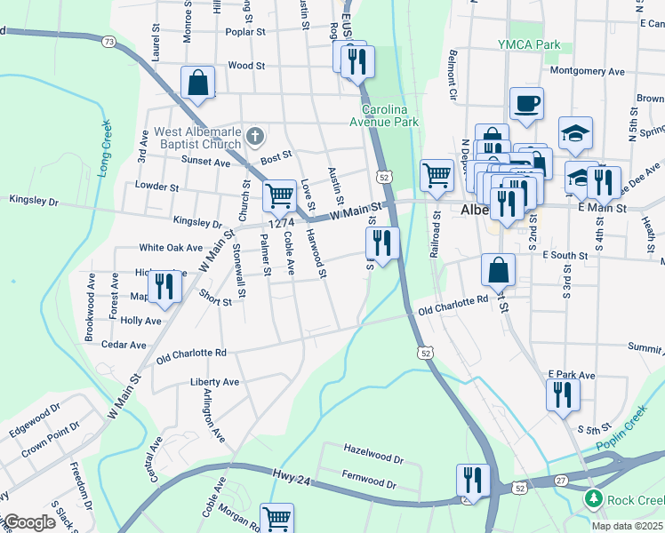 map of restaurants, bars, coffee shops, grocery stores, and more near 207 Harwood Street in Albemarle