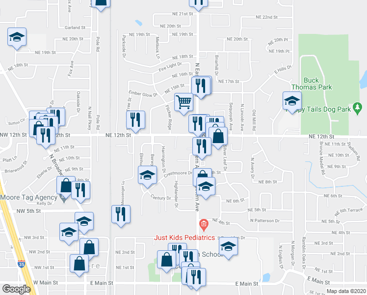 map of restaurants, bars, coffee shops, grocery stores, and more near 712 Northeast 11th Street in Moore