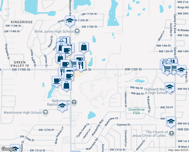map of restaurants, bars, coffee shops, grocery stores, and more near 12020 Jadesdale Circle in Oklahoma City
