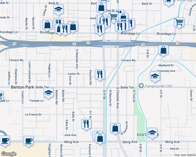 map of restaurants, bars, coffee shops, grocery stores, and more near 732 Wayne Drive in Bakersfield