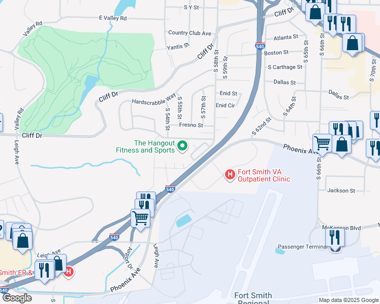 map of restaurants, bars, coffee shops, grocery stores, and more near 3524 Heather Moor in Fort Smith
