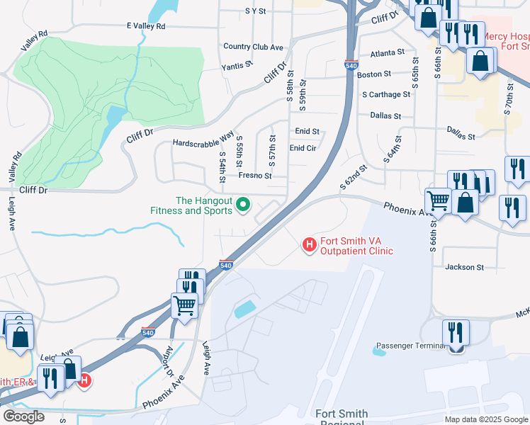 map of restaurants, bars, coffee shops, grocery stores, and more near 3517 Heather Moor in Fort Smith