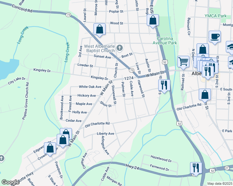 map of restaurants, bars, coffee shops, grocery stores, and more near 300 Stonewall Street in Albemarle
