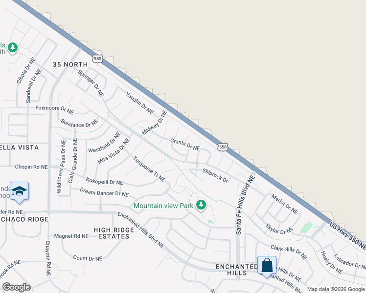 map of restaurants, bars, coffee shops, grocery stores, and more near 5209 Dulce Drive Northeast in Rio Rancho