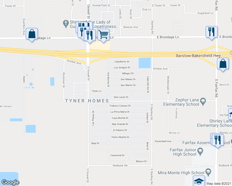 map of restaurants, bars, coffee shops, grocery stores, and more near 5219 Tyner Lane in Bakersfield