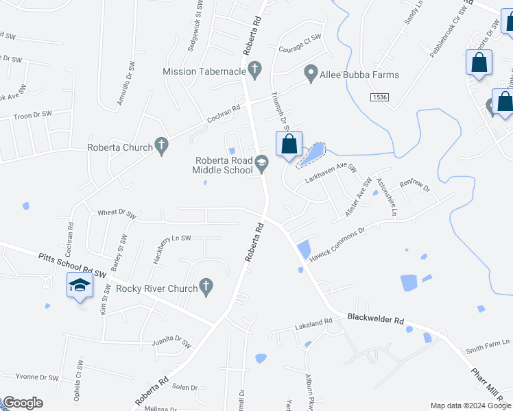 map of restaurants, bars, coffee shops, grocery stores, and more near 1008 Meadowbrook Lane Southwest in Concord