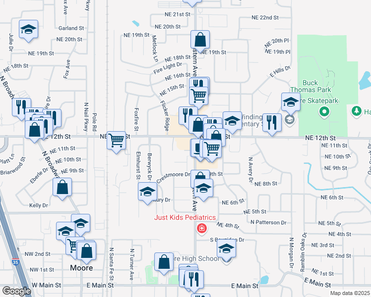map of restaurants, bars, coffee shops, grocery stores, and more near 709 Northeast 11th Street in Moore