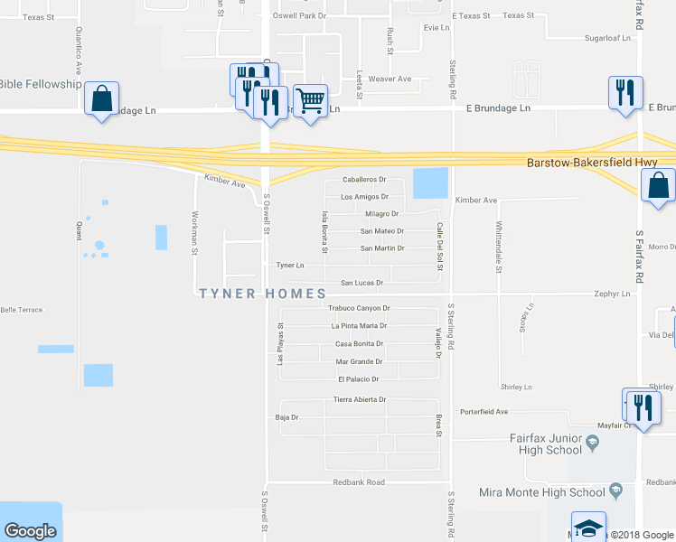 map of restaurants, bars, coffee shops, grocery stores, and more near 5211 Tyner Lane in Bakersfield