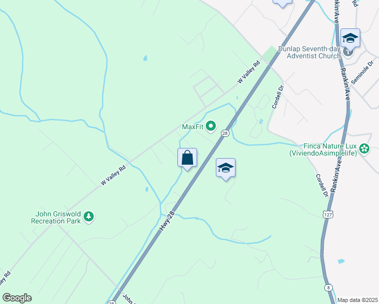 map of restaurants, bars, coffee shops, grocery stores, and more near 198 Clover Dale Road North in Dunlap