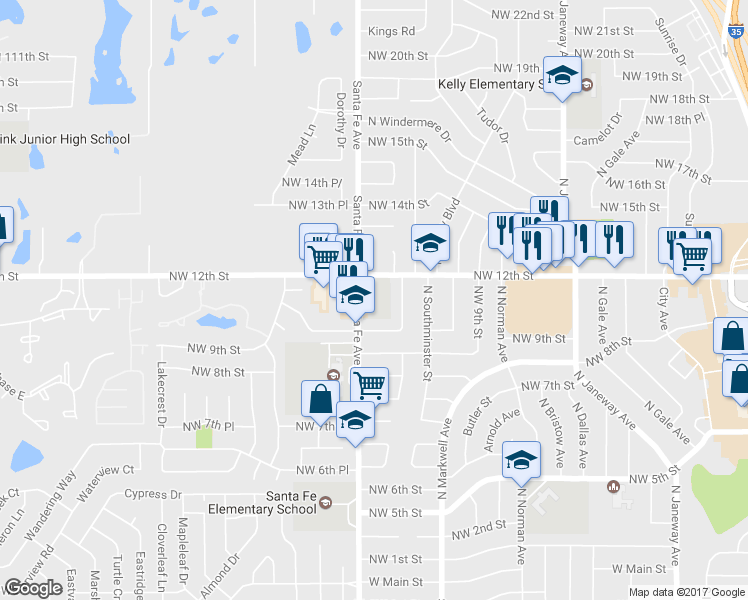 map of restaurants, bars, coffee shops, grocery stores, and more near 1032 Northwest 12th Street in Moore
