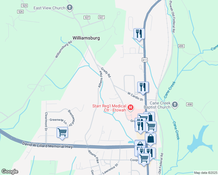 map of restaurants, bars, coffee shops, grocery stores, and more near 409 Grady Road in Etowah
