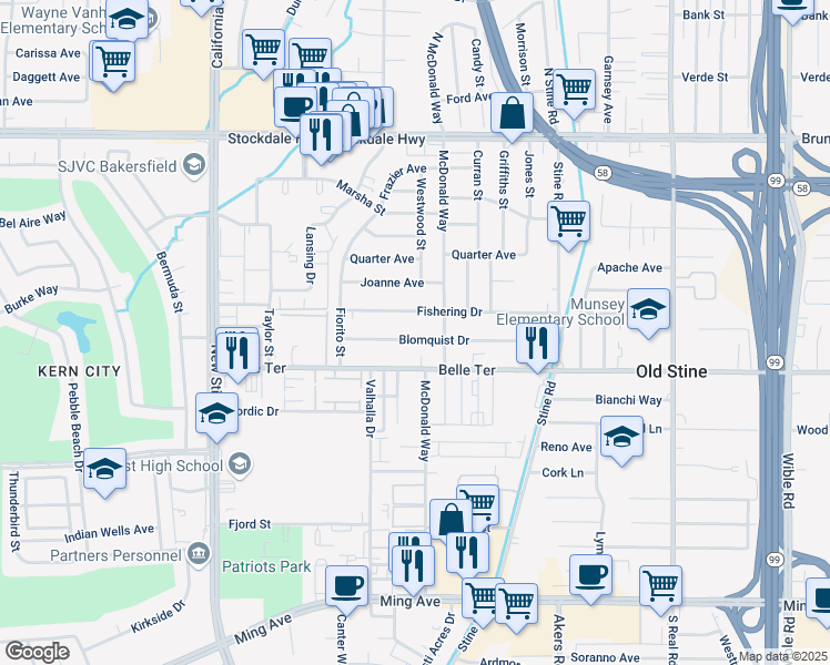map of restaurants, bars, coffee shops, grocery stores, and more near 4425 Blomquist Drive in Bakersfield