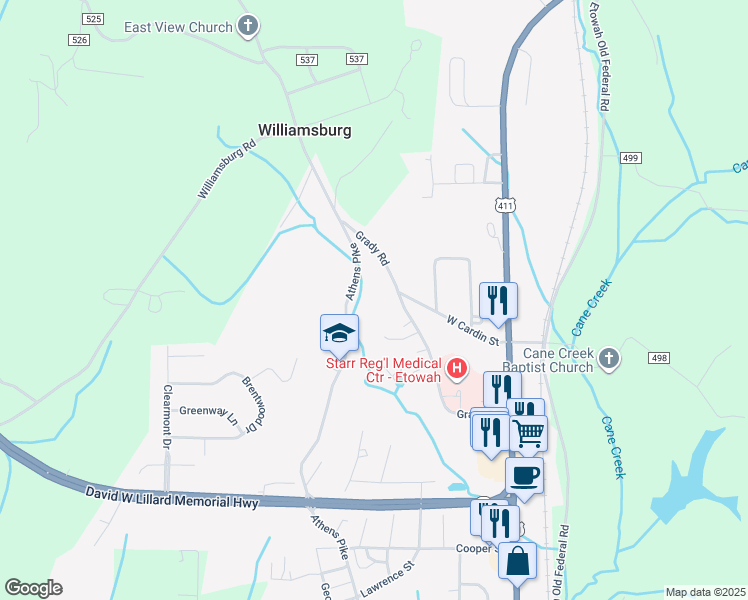 map of restaurants, bars, coffee shops, grocery stores, and more near 409 Grady Road in Etowah