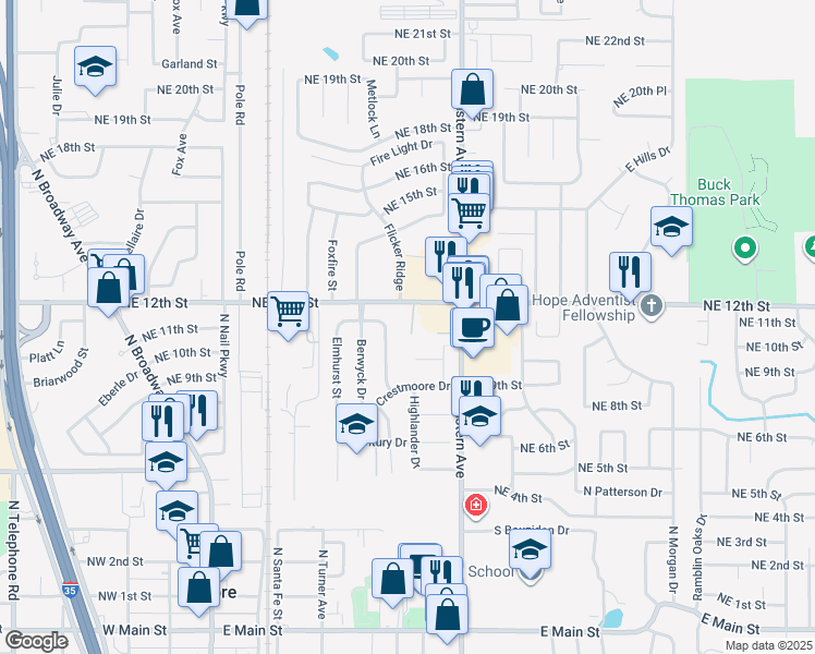 map of restaurants, bars, coffee shops, grocery stores, and more near 1205 Parkwood Court in Moore