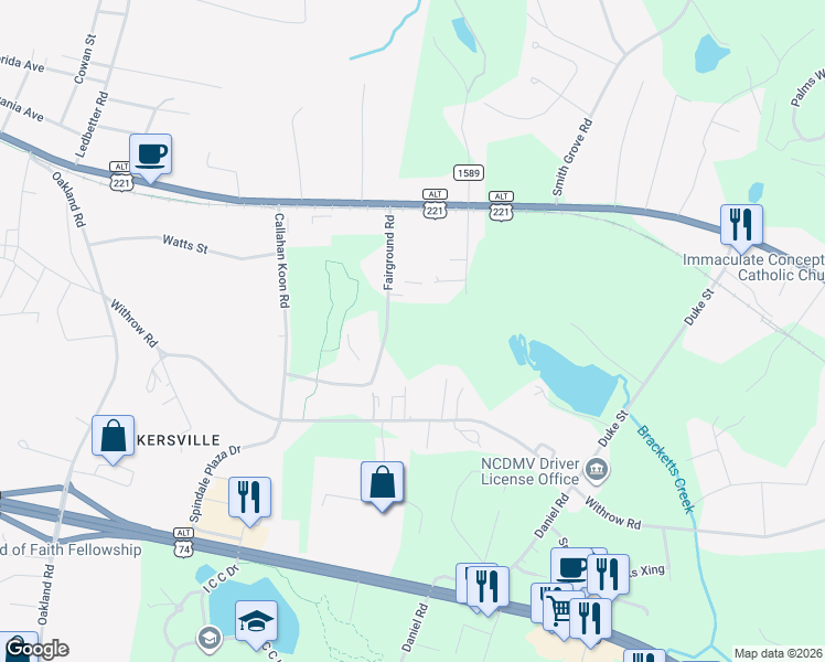 map of restaurants, bars, coffee shops, grocery stores, and more near 270 Fairground Road in Spindale