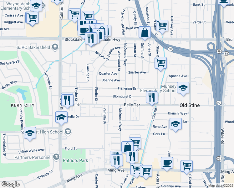 map of restaurants, bars, coffee shops, grocery stores, and more near 4425 Blomquist Drive in Bakersfield