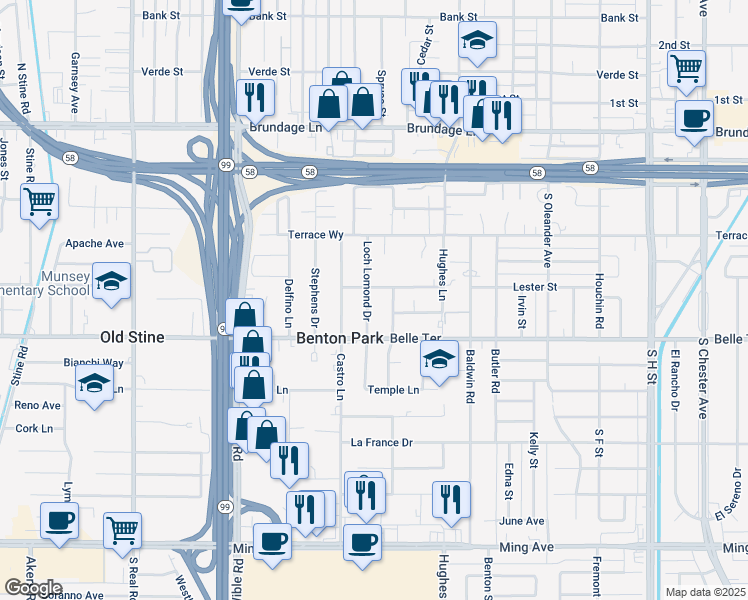 map of restaurants, bars, coffee shops, grocery stores, and more near 608 Loch Lomond Drive in Bakersfield