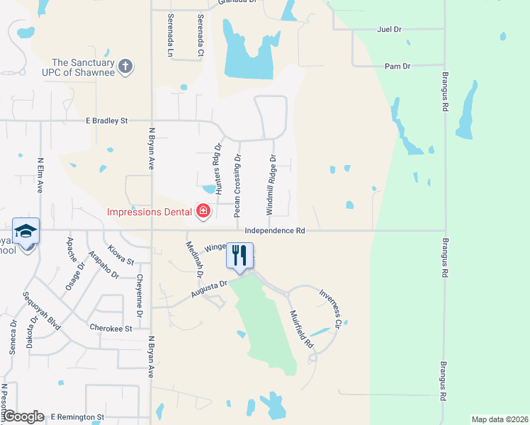 map of restaurants, bars, coffee shops, grocery stores, and more near 1504 Windmill Ridge Drive in Shawnee
