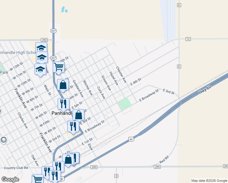 map of restaurants, bars, coffee shops, grocery stores, and more near 300-398 Groom Avenue in Panhandle