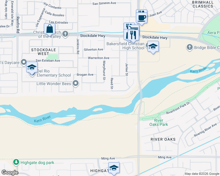 map of restaurants, bars, coffee shops, grocery stores, and more near 13201 Birkenfeld Avenue in Bakersfield