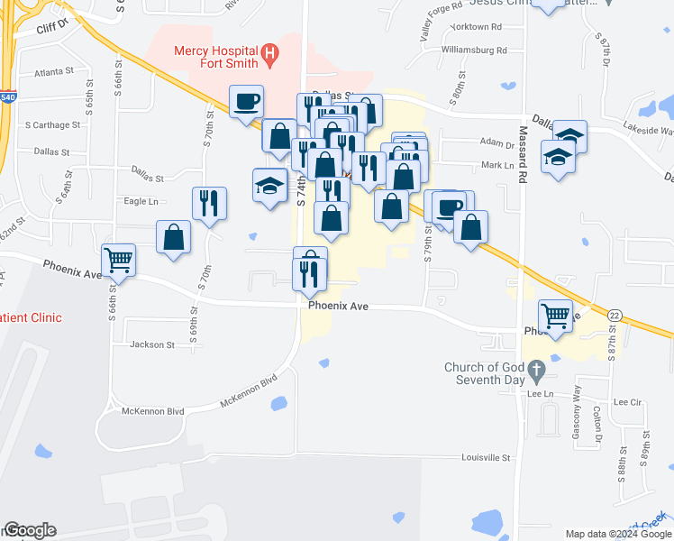 map of restaurants, bars, coffee shops, grocery stores, and more near 7501 Phoenix Avenue in Fort Smith