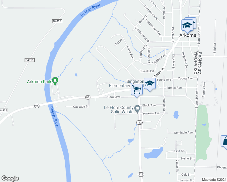 map of restaurants, bars, coffee shops, grocery stores, and more near 1601 Highway 9-A in Arkoma