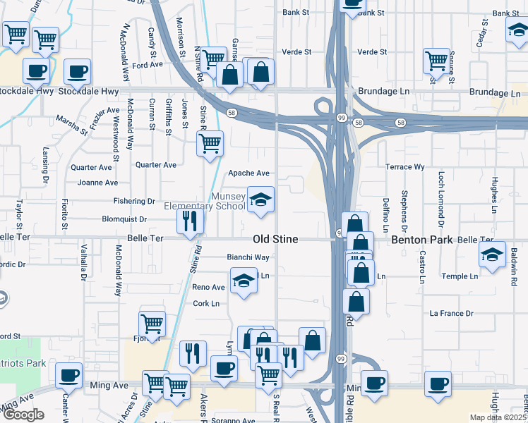 map of restaurants, bars, coffee shops, grocery stores, and more near 3801 Brave Avenue in Bakersfield
