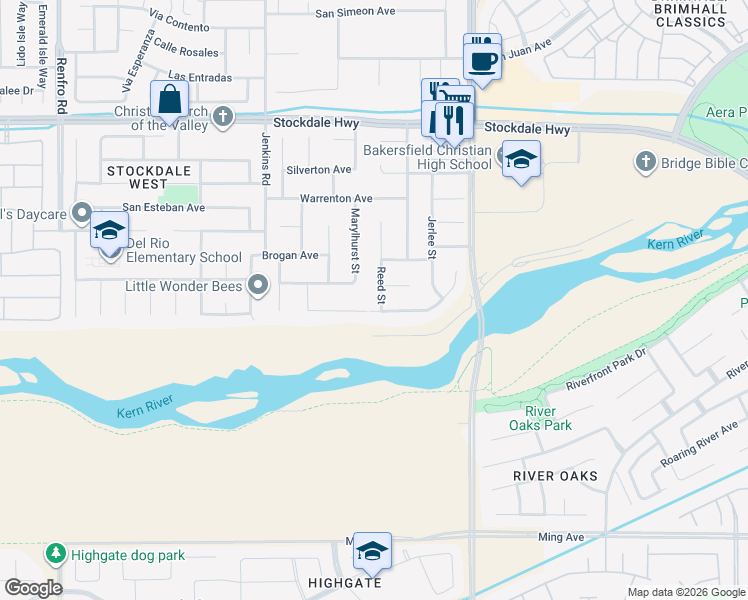 map of restaurants, bars, coffee shops, grocery stores, and more near 13201 Birkenfeld Avenue in Bakersfield